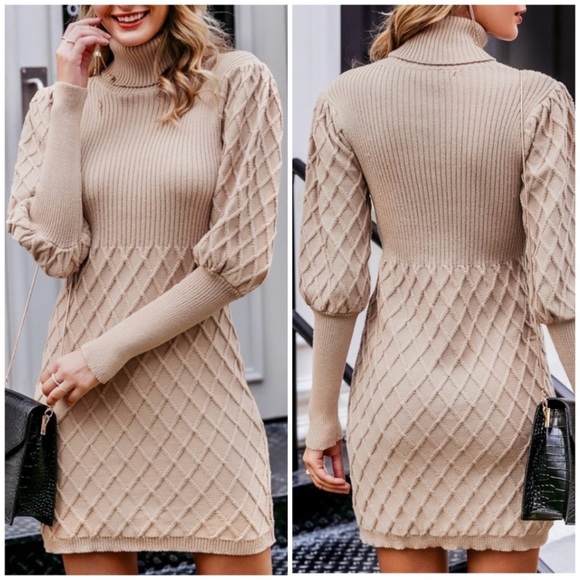 Sweaters - CLEARANCE Beige Lantern Sleeve Turtleneck Knit Sweater Dress